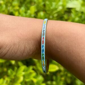 Sky Blue/ Rainbow Scroll Vintage Cloisonné Brass & Enamel Bangle (Medium)